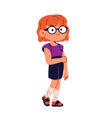 Cute child in glasses with impaired vision. Happy kid in eyeglasses has ill eyes. Shy disabled little girl with redhead has disease of seeing. Flat isolated vector illustration on white background