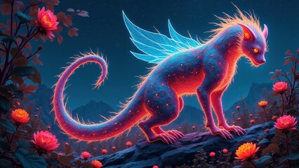 Futuristic biomechanical details, A glowing cybernetic creature with bioluminescent veins in a futuristic garden under a kaleidoscope sky