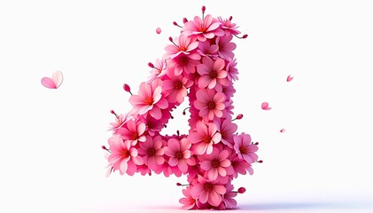 桜の花びらで出来た数字の4、ピンク、花、4月