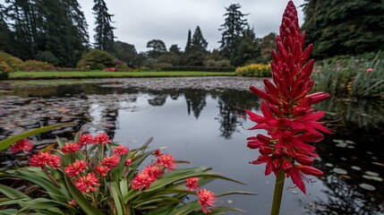 Red Flower and Pond Reflection in a Serene Garden