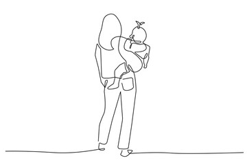 Mother with Child One Line Vector Illustration. Continuous Single Line Drawing of Mom Holds Daughter. Happy Mother`s Day Card with Hand Drawn Contour Silhouette Outline Style