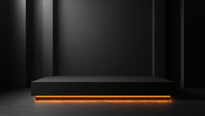 Obraz premium Minimalistic Display Platform with Ambient Orange Lighting Against Dark Backdrop for Artistic Presentations and Exhibitions in Modern Spaces