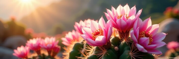 Naklejka premium Pink and white striped cactus blooms in the sun, cactus, stripes, pink