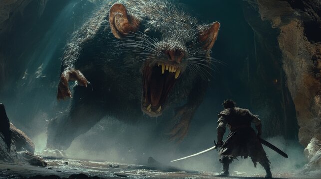 A dramatic fantasy illustration showing a brave warrior facing an enormous, menacing rat in a dark cave. The tension and intensity are palpable, evoking themes of bravery, danger, and mythical