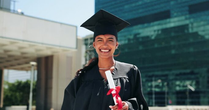 Happy, graduation and face of woman in city with degree, certificate or diploma scroll. Education, excited and portrait of female graduate with university achievement, goal or target in town.