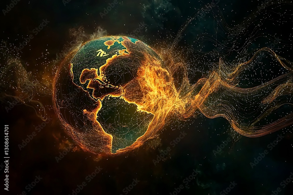 Wall mural abstract planet earth with glowing digital threads connecting across borders