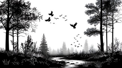 Monochrome Forest Scene With Birds Flying Over Stream
