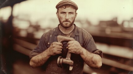 A gritty portrait of a determined male worker, hands stained with grime, holding