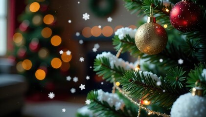 Snowflakes fall gently on festive Christmas decorations, tree, fir, lights