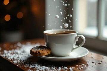Snowflakes falling gently on a warm cup of tea, baking, cookie