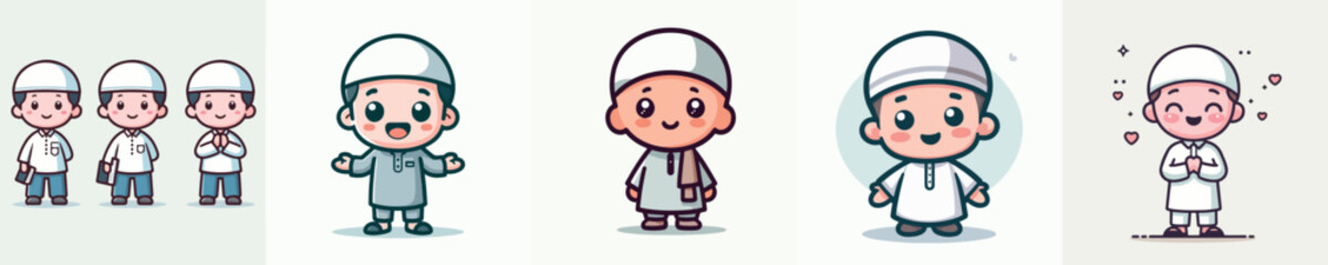 Set of Cheerful Muslim Male Vector Character Images