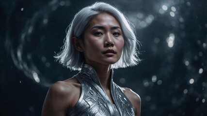 A woman with silver hair, silver dust, delicate crescent moon, soft glowing mist swirling around her, cosmic moonlight illuminating her, futuristic fantasy portrait 