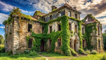 A dilapidated mansion with crumbling stone walls and vines crawling over them, decaying, weeds
