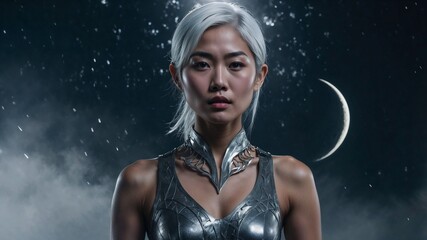 A woman with silver hair, silver dust, delicate crescent moon, soft glowing mist swirling around her, cosmic moonlight illuminating her, futuristic fantasy portrait 