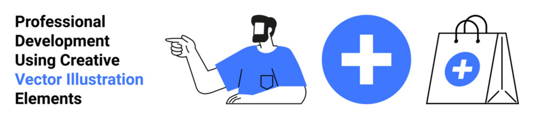 Man pointing with confidence, a blue medical cross, and a medical-themed shopping bag. Ideal for healthcare, business promotion, e-commerce, creativity, guidance, education flat landing page banner