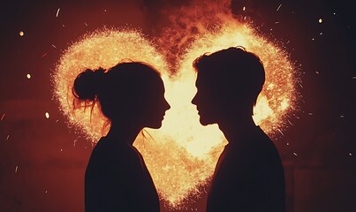 This silhouette image of a couple with a fiery heart in the background is a striking representation of passion, romance, and deep connection
