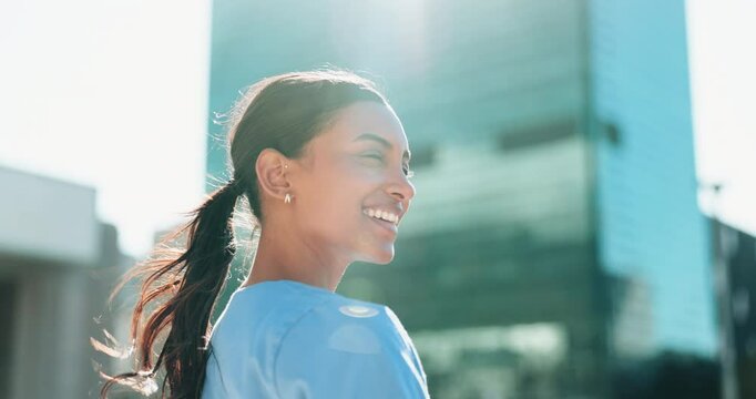 Happy, thinking and medical student with woman in city future, healthcare and opportunity. Doctor program, nursing internship and smile with person outdoors for residency training, pride and idea