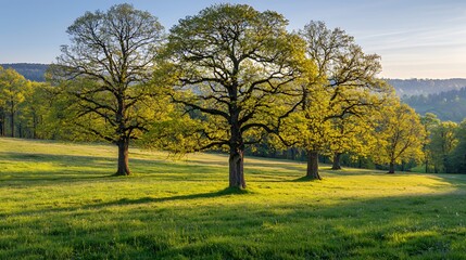 Obraz premium Three Majestic Oak Trees in a Sunlit Meadow