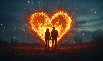This silhouette image of a couple with a fiery heart in the background is a striking representation of passion, romance, and deep connection
