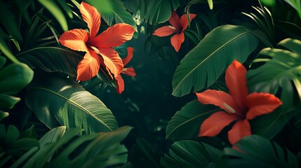 Red Hibiscus Flowers in Lush Green Tropical Foliage