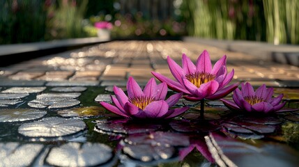 Three Pink Water Lilies on a Stone Path in a Garden