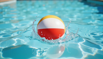 Colorful beach ball splashing in swimming pool water for blogs, websites, summer-themed designs, vacation promotions, event planning, and leisure activity illustrations