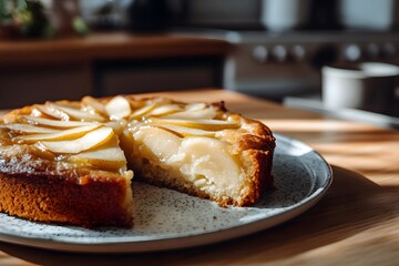 Close-up of Sliced Thick Pear Cake with Caramelized Pear Pieces