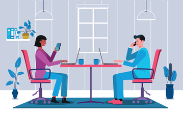 Business people working in the office using laptops and smartphones. Vector illustration