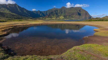 Tranquil Pond Reflecting Mountains Under a Blue Sky