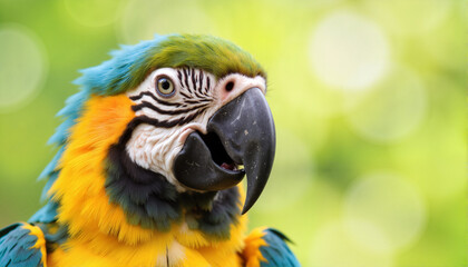Fototapeta premium Colorful macaw parrot vocalizing in lush green habitat for blogs, websites, wildlife education, nature preservation, animal awareness, and greeting card designs