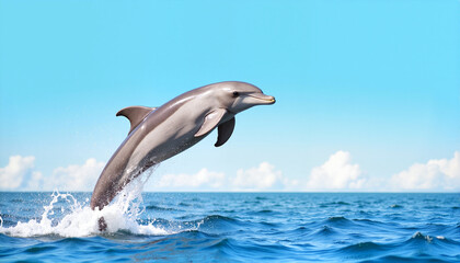 Naklejka premium Dolphin leaping joyfully above the ocean waves under a clear blue sky for blogs, websites, marine life awareness, educational content, and nature-themed greeting cards