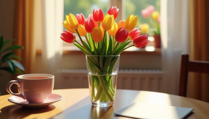Vibrant tulips in glass vase on wooden table, celebrating femininity