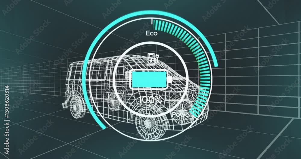 Poster wireframe van in animation showing battery level and eco mode on digital display