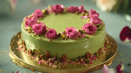 a rose pistachio cake on golden cake board