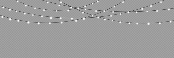 Garland of Christmas lights. Festive bright lights of bulbs. Christmas lights for holiday illustrations. Decorative element for greeting cards, invitations, backgrounds, business cards. Light glow.
