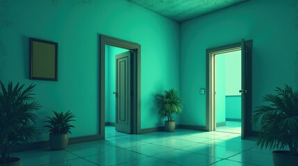 Fototapeta premium A stock illustration representing Healthcare reform in Teal and dark green, blending gradients, open doors, and passports. Visual hierarchy adds complexity and spatial depth.