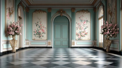 Grand ballroom with intricate floral wallpaper and gilded mirrors.