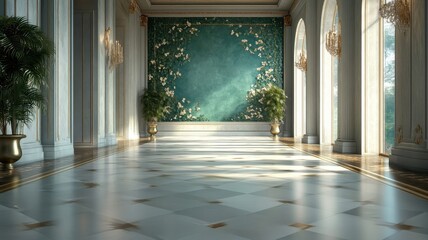 Fototapeta premium Ballroom mural depicting breathtaking gold and emerald leaves.