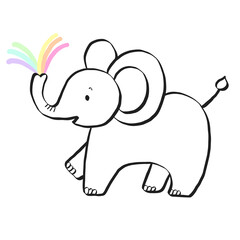 鼻から虹色の水を出すゾウの赤ちゃん　手書きのイラスト　クリップアート　png