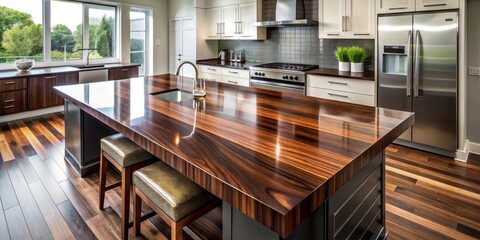 Sleek Modern Kitchen Island with Rich Wood Countertops and Integrated Sink, Adorned with Stylish Bar Stools, in a Room Featuring Hardwood Floors and Large Windows