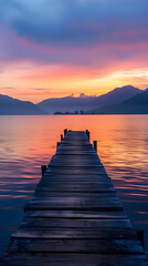 Fototapeta premium Tranquil Sunset Over Serene Lake with Silhouetted Mountains and Wooden Pier