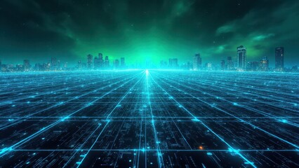 Naklejka premium Glowing interface grids, Neon blue and green interface grid hexagonal lattice under cyberspace skyline glowing patterns