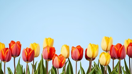 Row of Colorful Tulips Against a Light Blue Background