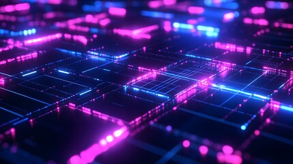 Obraz premium Abstract futuristic digital grid with neon purple and blue illumination