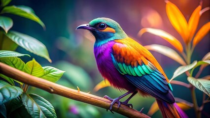A Vibrant Avian Wonder Perched on a Branch Amidst Lush Foliage, Displaying a Spectrum of Iridescent Colors