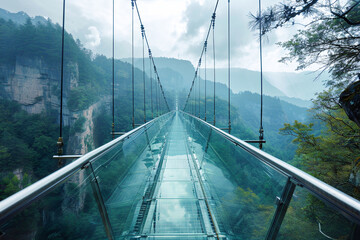 Obraz premium Modern glass bridge with scenic views over a lush forest landscape on a sunny day.