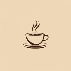 Elegant minimalist coffee cup design featuring steam and scattered beans in warm brown and beige tones ideal for cafe branding