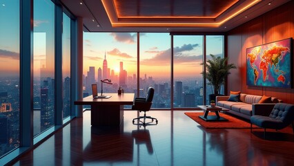 High-end office background, A premium office space with glass windows modern furniture wood floors art pieces greenery glowing lights and skyline vi