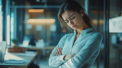 Obraz premium Sad young woman sitting alone feeling depressed and stressed at work blue grey mood tired adult