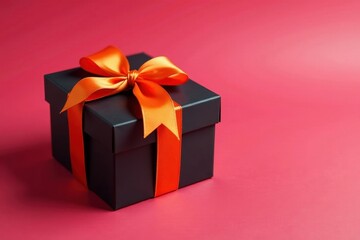 Obraz premium Black gift box with vibrant orange ribbon & rose Valentine's Day theme , valentine, silk ribbon